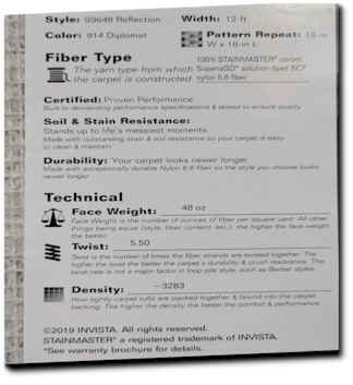 Carpet Sample Specification Label